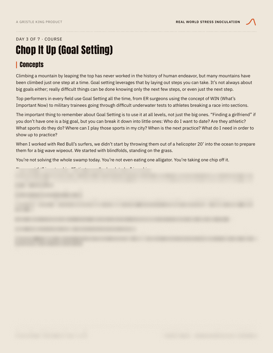 Day 3 course page, Chop It Up (Goal Setting), lower half blurred